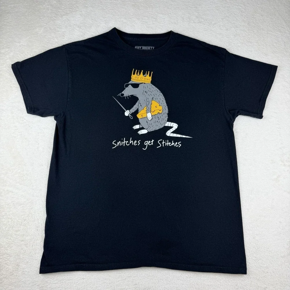Riot Society Short Sleeve T-Shirt Men's Black Graphic Snitches Get Stitches Sz L